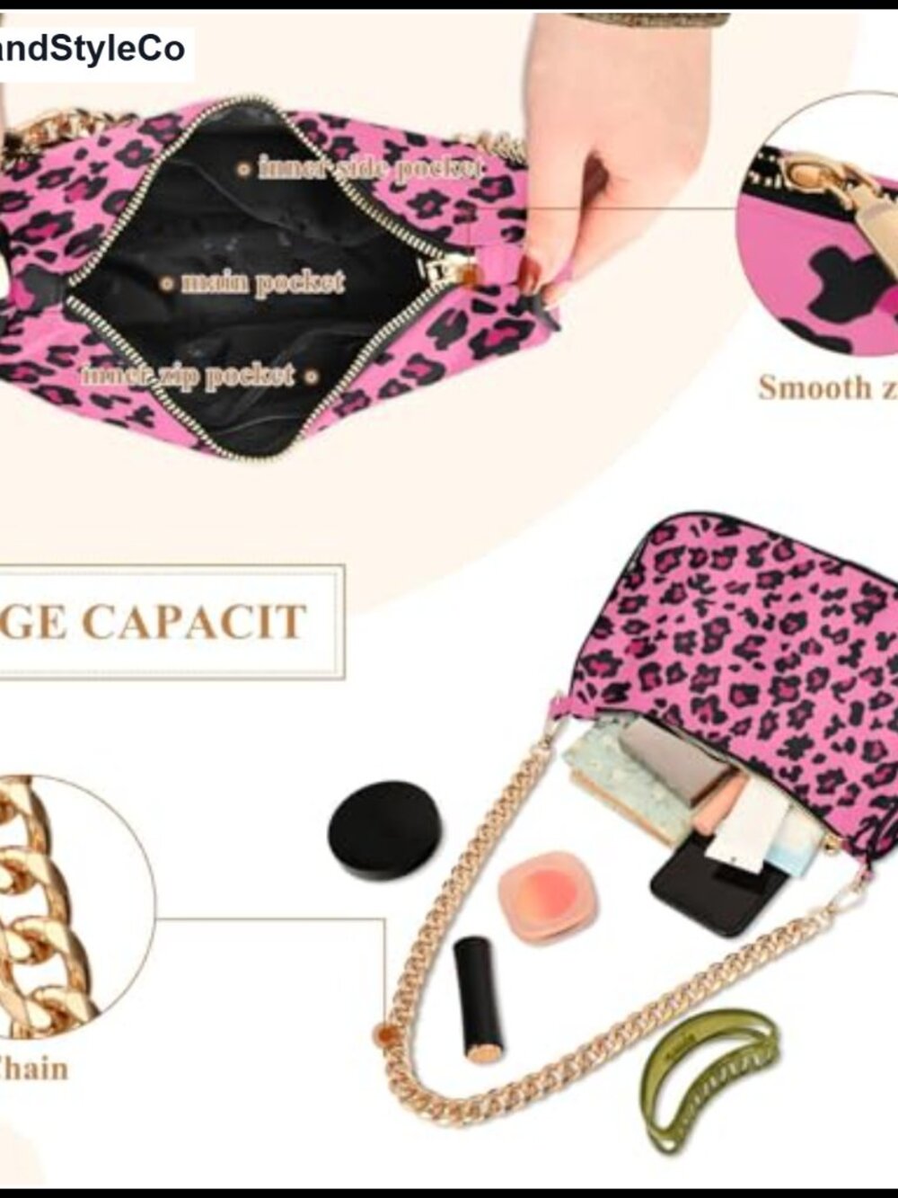 Women's Polyester Hobo Shoulder Bag with Gold Chain Strap and Zipper Closure - Picture 5 of 6